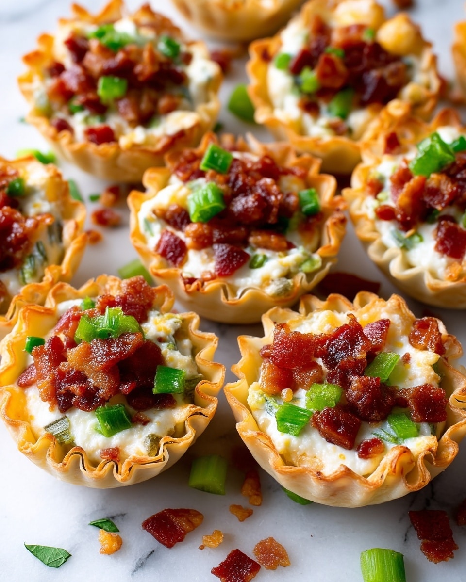 The image shows several small tartlets arranged closely together on a surface with a white marbled texture. Each tartlet has three visible layers: the outer layer is a golden, flaky pastry shell with ruffled edges; the middle layer is a creamy white filling mixed with small chunks of yellow cheese and green bell pepper pieces; the top layer features scattered crispy brown bacon bits and more green bell pepper pieces, adding color and texture contrast. The tartlets are well-lit, highlighting the glossy cream and crisp pastry, photo taken with an iphone --ar 4:5 --v 7