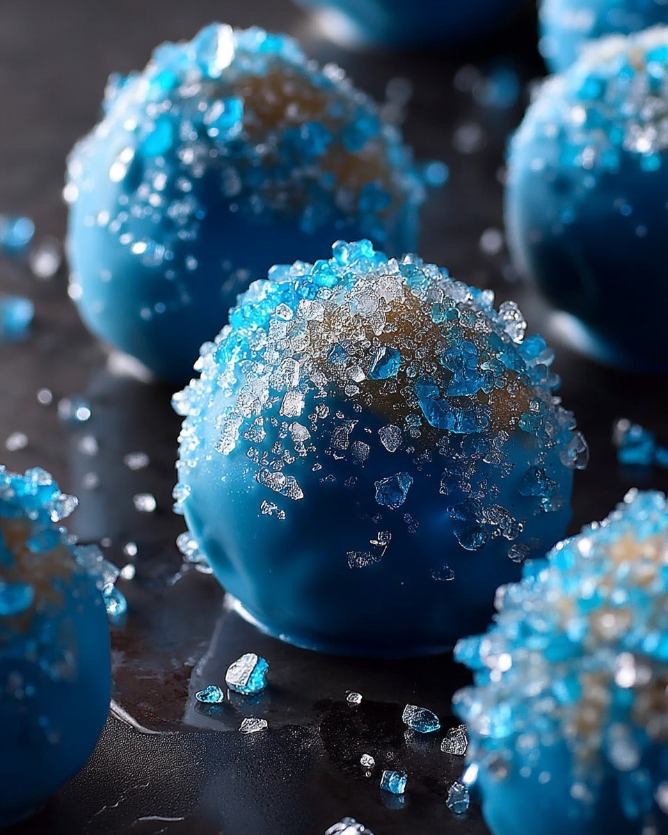 The image shows several round blue balls covered with a layer of clear, shiny crystals that look like coarse sugar on top. Each ball has a smooth, shiny blue surface with a slightly uneven texture, and the sugar crystals are more concentrated on the upper half, spreading out toward the middle and sparingly down to the bottom. The balls are arranged closely together on a glossy, dark surface that reflects their shapes. The background is dark, making the blue and white colors stand out clearly. photo taken with an iphone --ar 4:5 --v 7