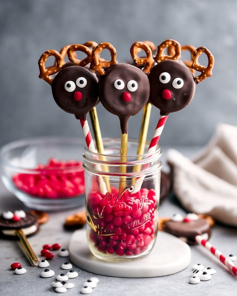 A clear glass jar filled with small red candy balls holds five lollipops standing up, each shaped like a reindeer face with a smooth, dark chocolate coating on a stick; the round face has two white candy eyes with black pupils and a small red candy nose in the center; two small pretzels are attached at the top as antlers; the sticks are a mix of gold and red-and-white striped designs. Around the jar on a white marbled surface are scattered small white candy eyes and red candy balls, with some extra lollipop faces lying flat nearby, showing the same chocolate faces and pretzel antlers. In the background, suggestive blurred items like another glass bowl with red candies and a white cloth softly add to the festive setup. photo taken with an iphone --ar 4:5 --v 7