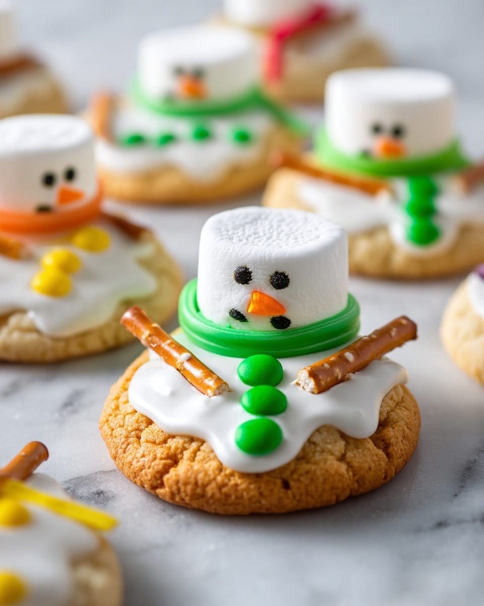 A round golden cookie base topped with a smooth white icing layer that spreads out unevenly to look like melting snow, holding a large white marshmallow placed vertically at the back center to form the snowman’s head. The marshmallow features two small black dots for eyes and a small orange triangle for a nose. Around the base of the marshmallow is a green icing line representing a scarf. The body of the snowman is decorated with three bright green candy buttons spaced evenly in the front center of the cookie. Two small pretzel sticks are placed on either side of the cookie as arms, slightly angled outward. The cookies are scattered on a white marbled surface with other similar cookies blurred in the background, some showing other colored scarves like yellow and red. photo taken with an iphone --ar 4:5 --v 7
