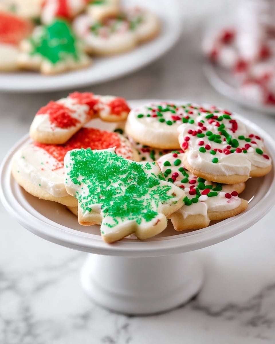 A white pedestal plate holds a pile of sugar cookies covered in smooth white frosting and decorated with colorful sprinkles. The cookies are in various shapes, including a Christmas tree with green sugar sprinkles on top, a candy cane with red sugar sprinkles forming stripes, and round and oval shapes adorned with red, green, and white round sprinkles or red sugar sprinkles. The colors stand out against the soft creamy texture of the frosting and the pale golden cookie base. In the background, there is another white plate with a blurred green frosted cookie, all set on a white marbled surface. Photo taken with an iphone --ar 4:5 --v 7