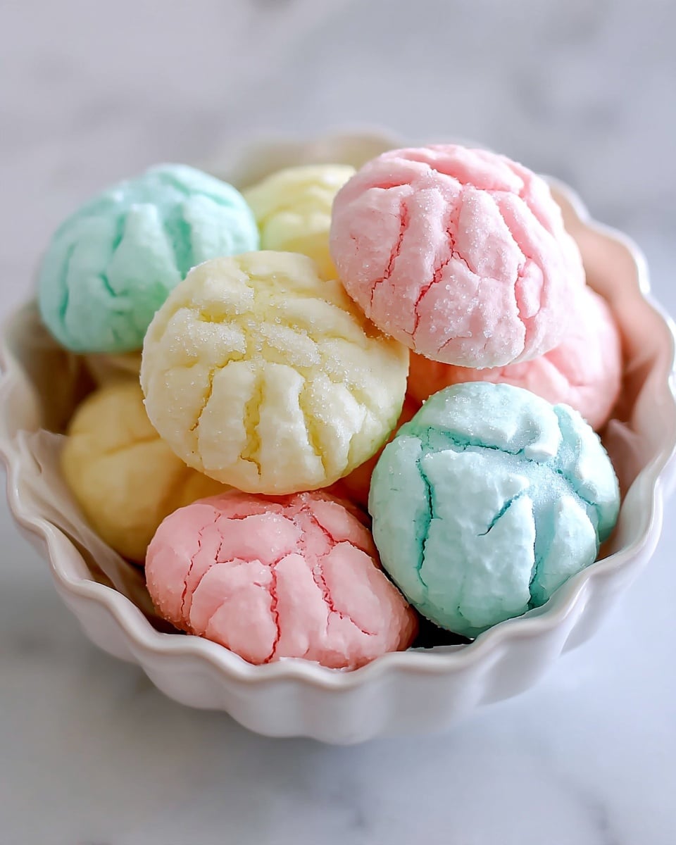 A close-up of a white bowl filled with small pastel-colored sweets that have a soft, matte texture with fine sugar dusting. Each sweet is round and has vertical ridges running from top to bottom, giving a shell-like appearance. The sweets come in soft shades of blue, pink, white, yellow, and light green, piled closely together showing their smooth and slightly powdery surface. The bowl sits on a white marbled texture surface, with the pastel colors contrasting nicely against the white background. photo taken with an iphone --ar 4:5 --v 7