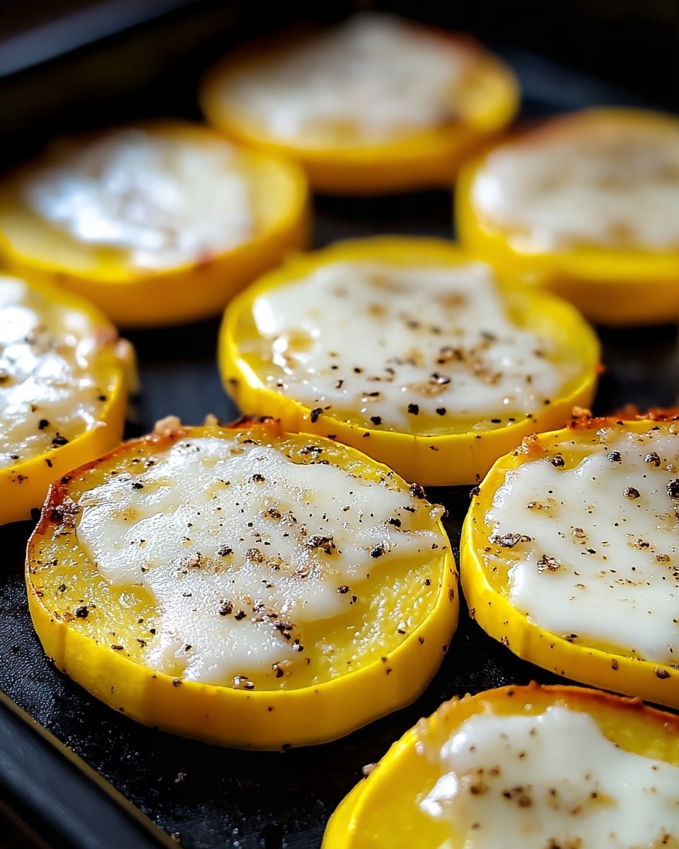 The image shows a close-up of several round slices of yellow squash arranged in layers on a baking tray. Each slice has two clear layers: a bright yellow outer ring with a smooth texture and a white melted cheese layer on top, lightly browned in some spots. The cheese has small black specks of cracked black pepper scattered evenly across each round slice. The tray is black, and the focus is tight on the slices, highlighting the soft, creamy texture of the cheese and the slightly crispy edges of the squash. The photo has warm lighting that enhances the golden yellow color and the glossy surface of the cheese. Photo taken with an iphone --ar 4:5 --v 7
