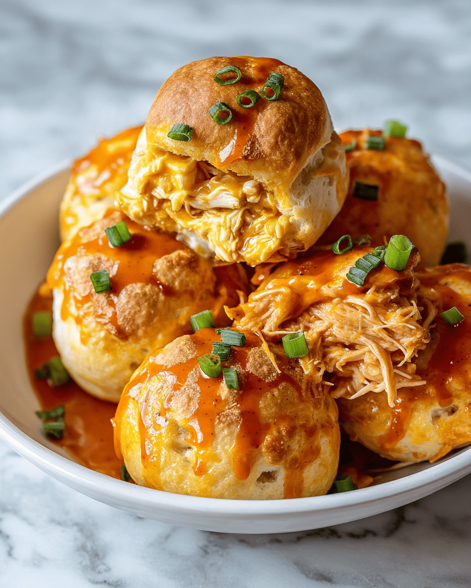 The image shows a close-up of soft golden brown biscuit sandwiches stacked in a white bowl. Each biscuit is round with a slightly cracked top, covered lightly with an orange glossy sauce that looks creamy and thick. One biscuit is open, revealing shredded chicken inside coated in a rich, smooth, orange-colored sauce. Small green onion pieces are sprinkled on top of the biscuits, adding a fresh green color contrast. The bowl sits on a white marbled surface. photo taken with an iphone --ar 4:5 --v 7