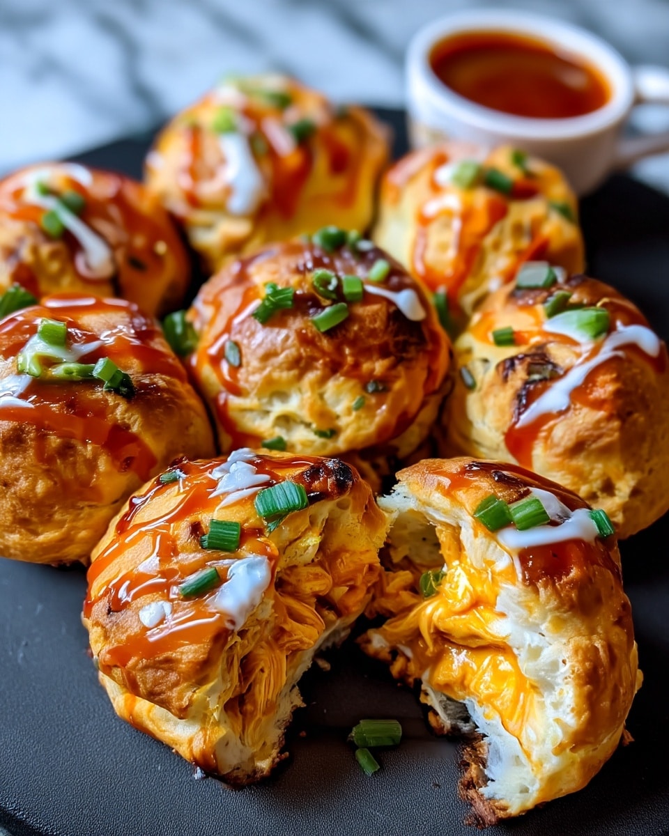 The image shows a close-up of nine golden brown biscuit sandwiches arranged on a dark surface. Each biscuit has a slightly rough texture with a well-baked crust. The biscuits are drizzled with an orange sauce and a white sauce, creating small streaks on top. Bright green chopped chives are sprinkled over the biscuits, adding color contrast. The front biscuit is broken open, revealing a filling of shredded, bright orange chicken inside. In the background, a white cup filled with a reddish-orange dipping sauce can be seen on a white marbled texture. photo taken with an iphone --ar 4:5 --v 7