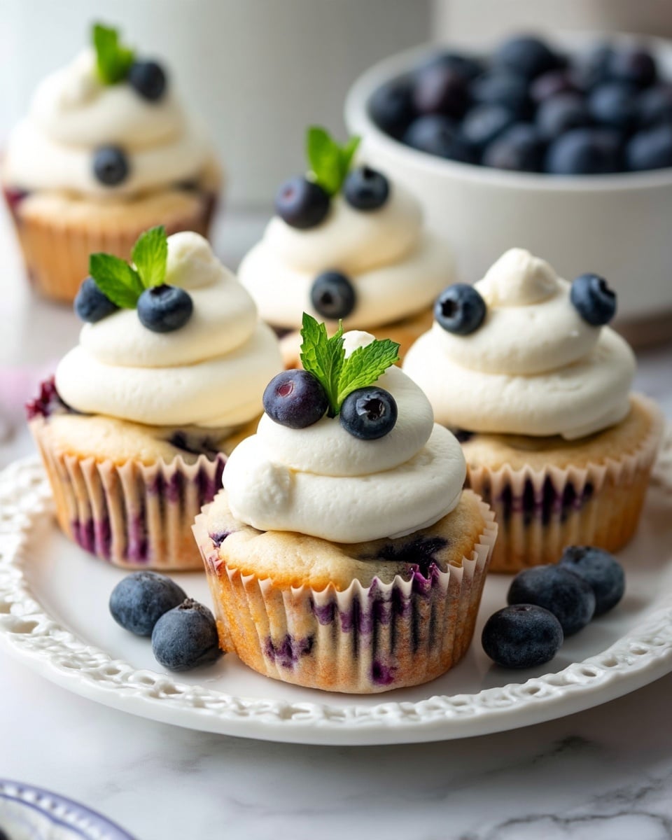 A single blueberry muffin cupcake sits centered on a white plate with a thin blue rim, placed on a white marbled surface. The cupcake has a light golden-brown base with visible dark purple blueberry spots inside the textured paper liner. On top, a thick layer of smooth, creamy white frosting is swirled with two full blueberries and a small sprig of fresh green mint leaves nestled into the frosting, adding color contrast. The background is a plain light grey, keeping full focus on the cupcake, photo taken with an iphone --ar 4:5 --v 7