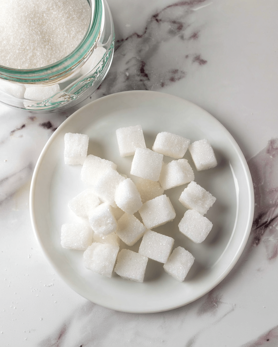 A white plate holds about 24 white sugar cubes of different sizes, arranged loosely in the center. The cubes have a rough texture with small grains visible on their surfaces. To the upper left, there is a glass jar partially filled with similar white sugar cubes. The whole scene is set on a white marbled surface that shows soft grey and light brown veining, giving a clean and simple look. photo taken with an iphone --ar 4:5 --v 7