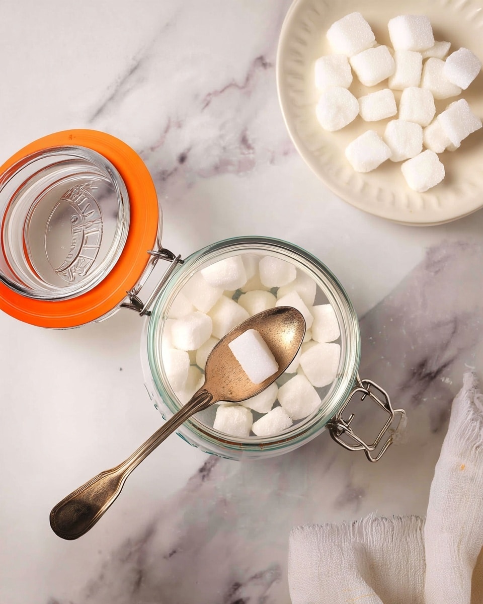 A white marbled surface holds a clear glass jar filled with white cube-shaped sugar pieces, with an open orange-rimmed lid resting beside it. A vintage silver spoon rests across the jar’s opening, holding one sugar cube. To the upper right, a white plate contains more of the white sugar cubes, all evenly shaped. A beige cloth is partially visible in the lower right corner. The scene is softly lit, highlighting the clean and simple textures of the sugar and glass jar. photo taken with an iphone --ar 4:5 --v 7
