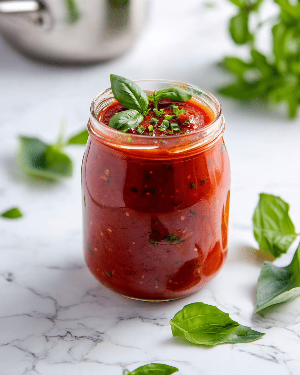 A clear glass jar is filled with a thick, rich red tomato sauce mixed with small green basil pieces throughout. The sauce reaches almost to the top of the jar, and fresh green basil leaves are placed on the surface, slightly overlapping the jar’s rim. The jar sits on a white marbled surface with loose basil leaves scattered nearby, and a shiny silver pot is blurred in the background. The overall setting is simple and bright with a clean, fresh look. photo taken with an iphone --ar 4:5 --v 7
