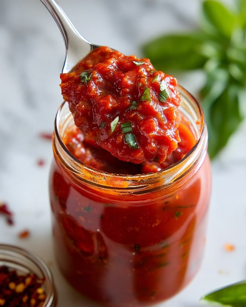 A close-up view of a clear glass jar filled with thick, chunky, bright red tomato sauce mixed with small pieces of green herbs, showing a spoon scooping a portion of the sauce above the jar's opening. The spoon holds a textured mix of tomato bits and finely chopped green leaves, with a glossy, slightly wet surface. The jar rests on a white marbled surface, with part of another small jar with reddish flakes showing near the bottom left and a few green leaves faintly in the blurred background. photo taken with an iphone --ar 4:5 --v 7