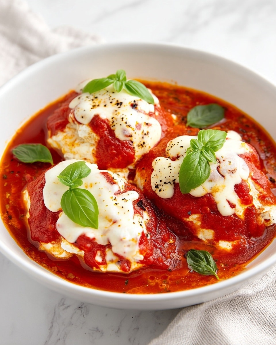 A white bowl on a white marbled surface holds four large pieces of food covered in layers. The bottom layer is a bright red tomato sauce with a smooth, slightly chunky texture, filling the bowl partially. On top of the sauce, there are thick, rounded mounds of white cheese that is melted and slightly browned in spots, with a creamy texture. Each piece is garnished with fresh green basil leaves, adding a touch of vivid color and freshness. The dish looks warm, soft, and inviting. photo taken with an iphone --ar 4:5 --v 7
