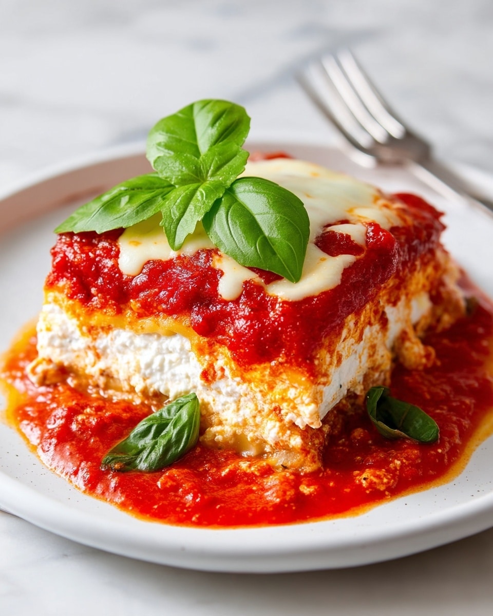 The dish shows a close-up of a layered lasagna on a white plate with a white marbled texture background. At the bottom, there is a rich red tomato sauce with a slightly chunky texture spreading around the plate. Above that, there is a creamy white ricotta cheese layer that looks soft and slightly grainy. On top of this is a bright red, smooth tomato sauce layer, followed by a layer of melted white mozzarella cheese that appears gooey and stretchy. The dish is garnished with bright green fresh basil leaves placed on top. A fork is visible on the right side next to the lasagna. photo taken with an iphone --ar 4:5 --v 7