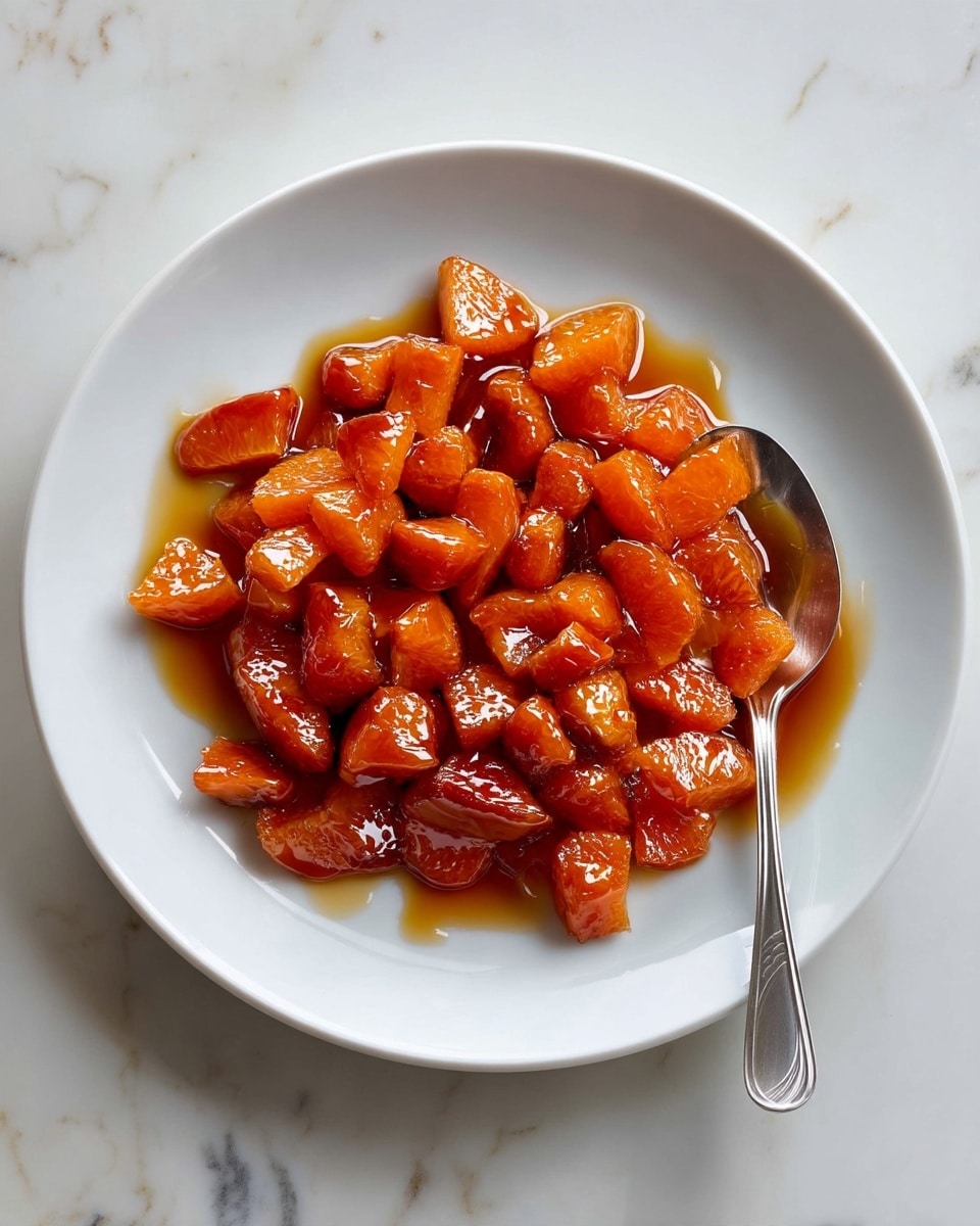 The image shows a white plate with a pile of small, glossy, chopped orange pieces coated in a shiny syrup that makes them look sticky and sweet. The chunks are uneven in size, and the syrup pools slightly under the pile, giving off a rich amber color. A metal spoon is placed on the right side of the plate, partly under the syrupy pieces. The whole scene is set on a white marbled surface. photo taken with an iphone --ar 4:5 --v 7