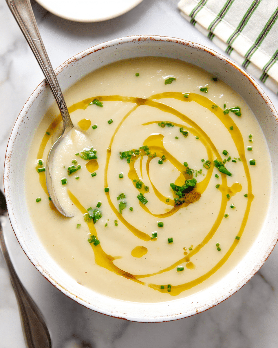 A bowl filled with a smooth, creamy light beige soup garnished with thin swirls of golden yellow oil and small green chive pieces scattered across the surface. The bowl is white with a subtle brown speckled edge and contains a silver spoon resting inside it on the left side. The background includes a white marbled surface with part of a white plate visible on the upper left corner and a white cloth with green stripes on the upper right corner. Photo taken with an iphone --ar 4:5 --v 7