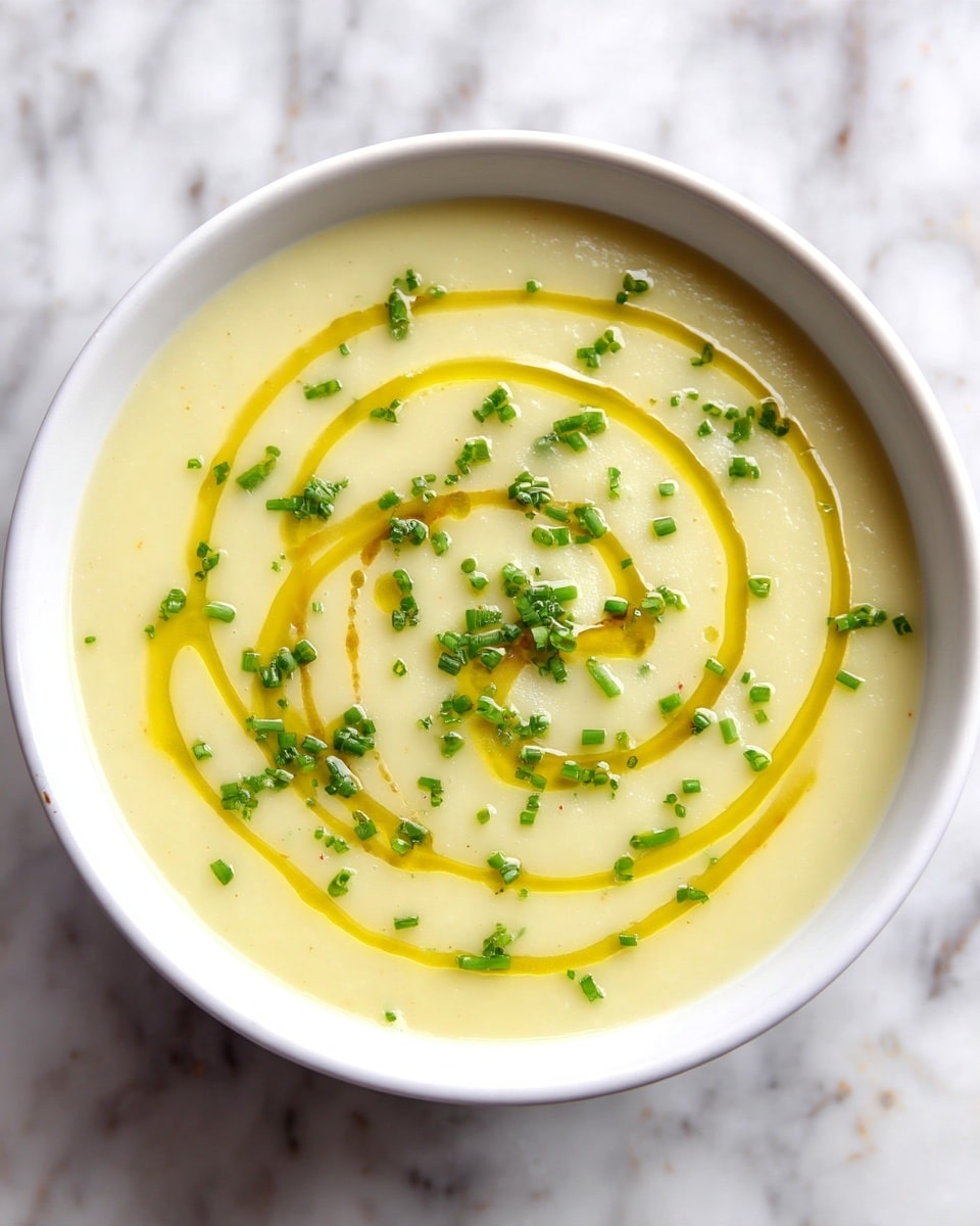 A shallow white bowl filled with a smooth, pale yellow creamy soup, topped with a swirl of golden olive oil creating a spiral pattern from the center toward the edges. Small pieces of fresh green chives are scattered evenly over the surface, adding a touch of vibrant color. The bowl rests on a white marbled textured surface. photo taken with an iphone --ar 4:5 --v 7