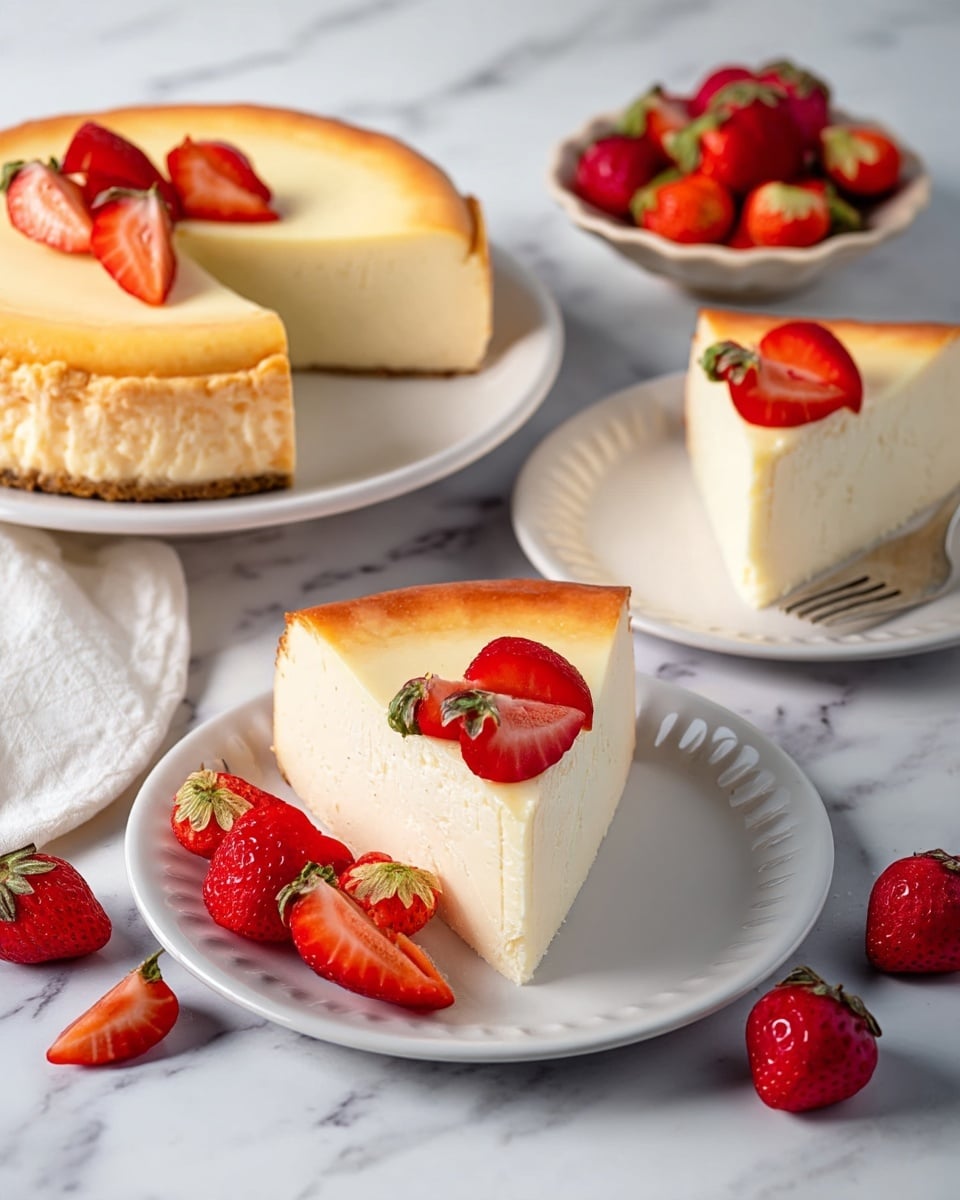 A smooth and creamy cheesecake with a pale yellow top that has a light golden brown edge, cut into several thick triangular slices. Each slice is thick and soft-looking with a pale cream body, resting on white plates that have a simple embossed rim design. Fresh red strawberries, some halved with green stems, are placed on top of both the whole cheesecake slice and the smaller plates, adding vibrant color and freshness. The scene is set on a clean white marbled surface with scattered strawberries nearby, giving a fresh and inviting feel. photo taken with an iphone --ar 4:5 --v 7