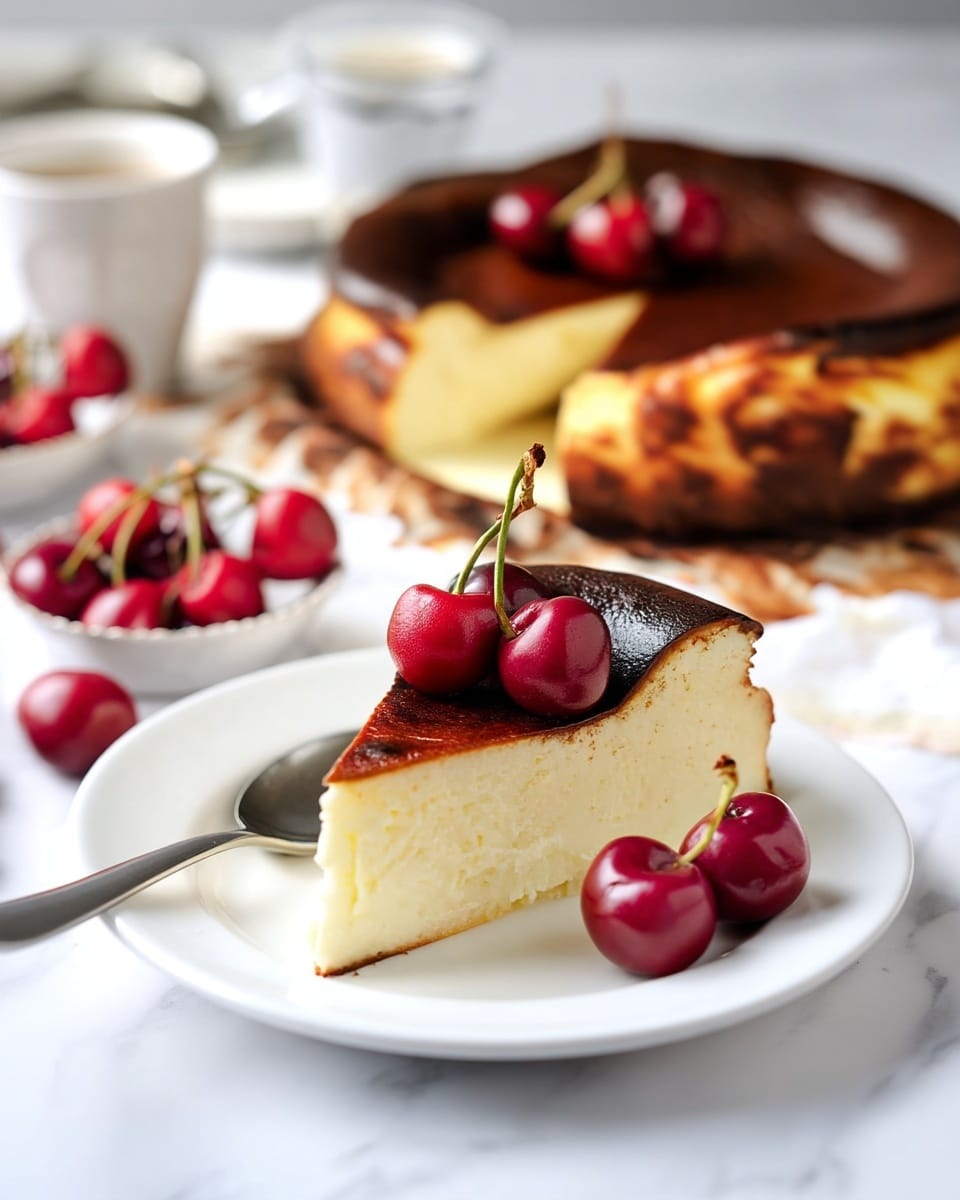 A slice of creamy cheesecake with a smooth, light yellow interior and a dark brown, slightly burnt top layer sits on a white plate, topped with two shiny red cherries with green stems. The cheesecake slice has clean edges and a moist texture. Behind the slice, there is a whole cheesecake on a white plate, decorated with several cherries on top. A few loose cherries are scattered in the background on the white marbled surface, along with a silver spoon placed beside the slice. A white cup is blurred in the background. The scene is bright and softly lit. photo taken with an iphone --ar 4:5 --v 7