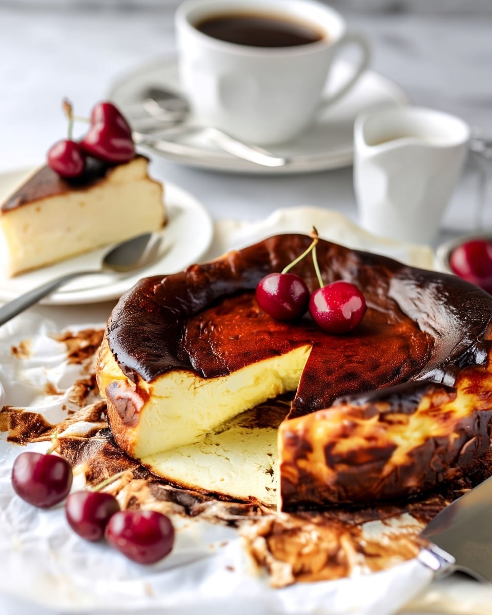 A close-up view of a Basque cheesecake with one thick slice cut out, showing its creamy pale yellow inside and a dark brown, slightly burnt top layer that is cracked near the edges. The cheesecake rests on crumpled parchment paper with some browned spots where it baked. Two shiny deep red cherries with stems sit on top of the cheesecake. In the background on a white plate, a slice of the cheesecake is served with two more cherries on it, along with a spoon. There is also a white cup of coffee and a white creamer next to it, all placed on a white marbled surface. Photo taken with an iphone --ar 4:5 --v 7