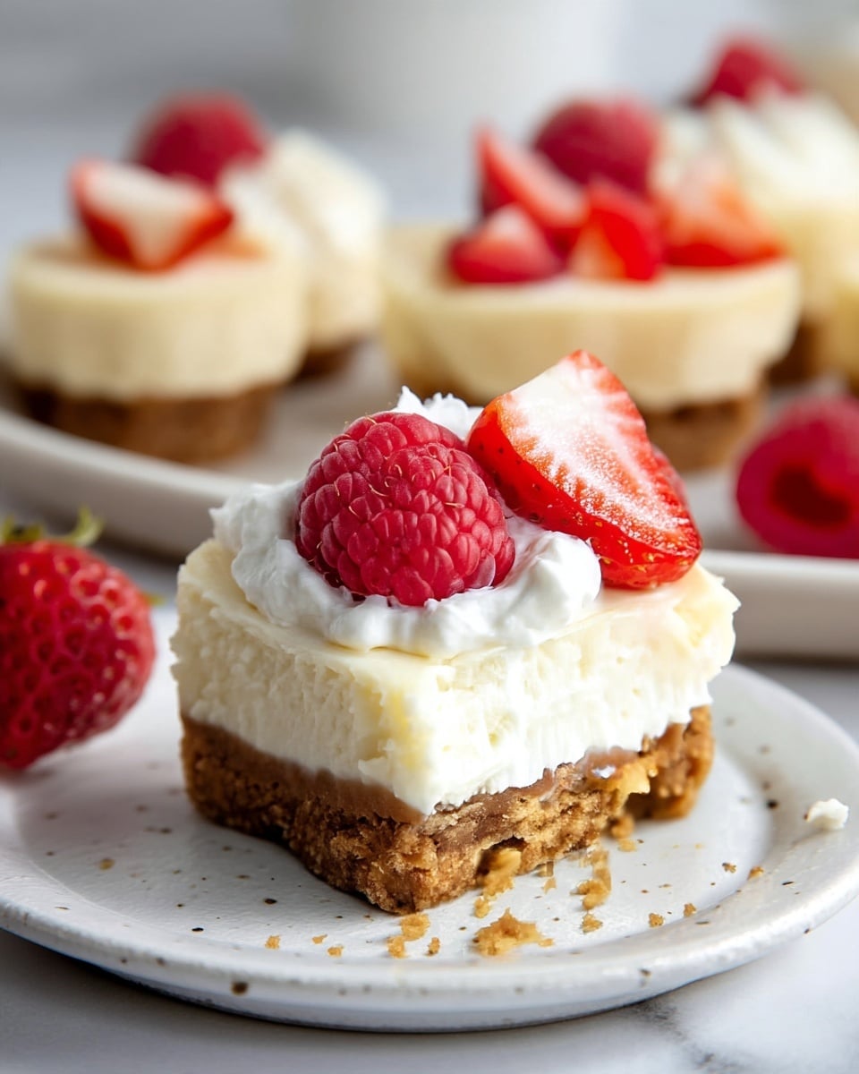 The image shows a small cheesecake with three clear layers: a thick, crumbly brown base at the bottom, a creamy white middle cheesecake layer with a smooth texture, and a topping of white whipped cream. On top of the whipped cream, there are fresh red fruits including a whole raspberry and sliced strawberries. The cheesecake is on a white plate with a speckled design, sitting on a white marbled surface, and there are some crumbs scattered around the plate. In the background, more pieces of the cheesecake with similar toppings are slightly blurred. Photo taken with an iphone --ar 4:5 --v 7