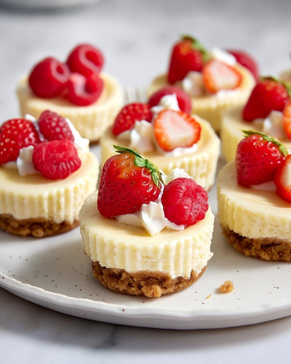 There are several mini cheesecakes arranged on a white plate with a speckled texture, sitting on a white marbled surface. Each cheesecake has two layers: a bottom layer of crumbly light brown crust and a top layer of smooth creamy pale yellow cheesecake filling. On top of each mini cheesecake, there are fresh red berries: whole raspberries, sliced strawberries, and occasional dollops of white cream. The berries are bright and juicy, adding a pop of color to the soft cheesecake surface. Photo taken with an iphone --ar 4:5 --v 7