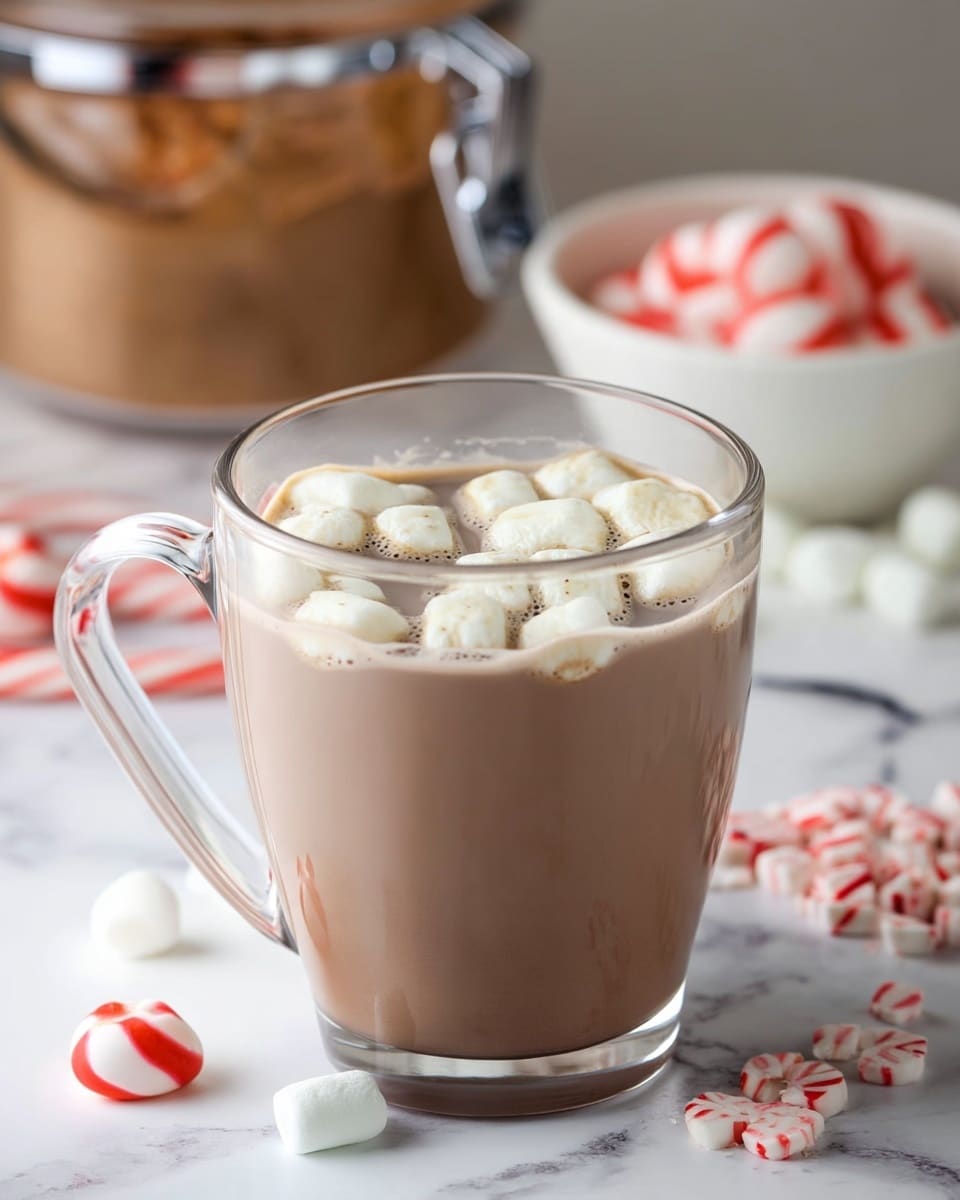 A clear glass mug is filled with light brown hot chocolate, topped with a layer of small white marshmallows floating on the surface. The mug's transparent handle is visible on the left side. Around the mug, there are several peppermint candies and loose marshmallows scattered on a white marbled texture. In the background, there is a white bowl filled with red and white striped peppermint candies, and a brown jar with a metal latch, slightly blurred. Photo taken with an iphone --ar 4:5 --v 7