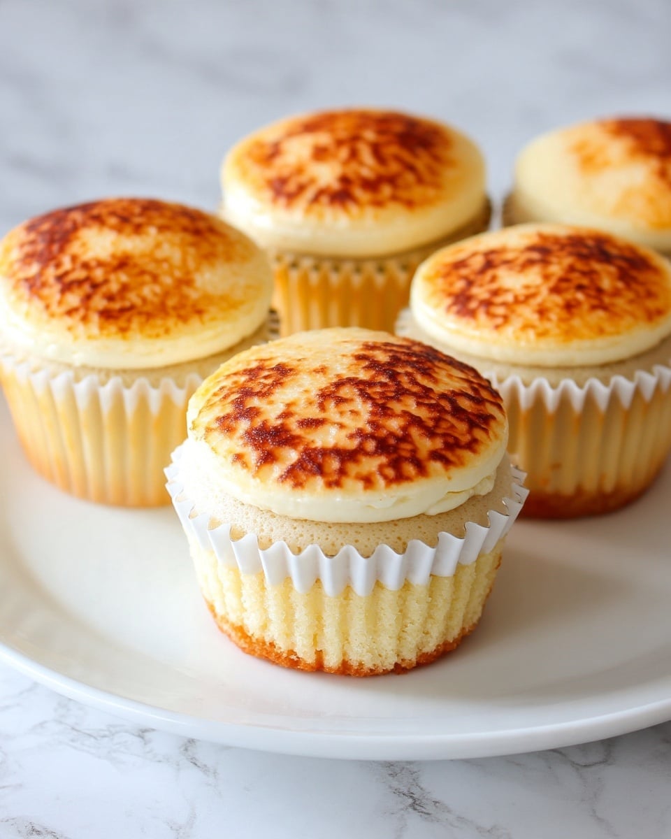 The image shows a close-up of six golden-brown muffins arranged on a white plate with a blue base, sitting on a white marbled surface. The muffin in the front is bitten into, revealing three visible layers: a light golden top with a slightly crispy texture, a soft and fluffy light beige middle cake layer, and a creamy pale yellow filling in the center with a smooth texture. The other muffins, slightly blurred in the background, have shiny, even golden tops and light beige sides wrapped in white paper liners. The overall look is warm and inviting. photo taken with an iphone --ar 4:5 --v 7