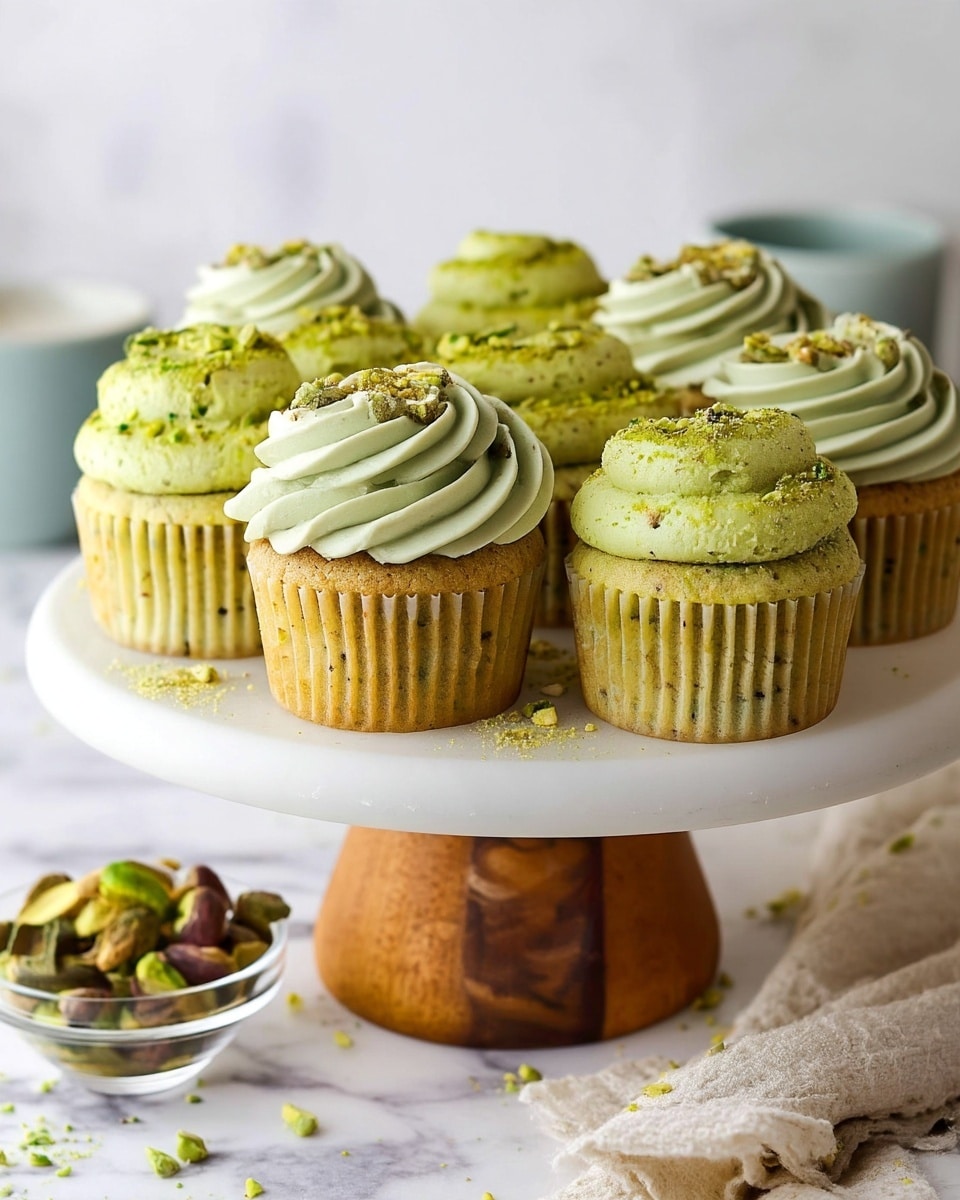 The image shows a group of light brown cupcakes topped with two thick, spiraled layers of pale green frosting sprinkled with crushed pistachios. They are arranged closely together on a round white cake stand with a wooden base. The cupcakes' texture is soft and slightly crumbly, while the frosting looks creamy and smooth with small bits of pistachio nuts. Some crushed pistachio pieces are scattered on the white marbled surface beneath the cake stand, along with a folded beige cloth. In the background, there are small clear bowls holding more pistachios blurred out. photo taken with an iphone --ar 4:5 --v 7