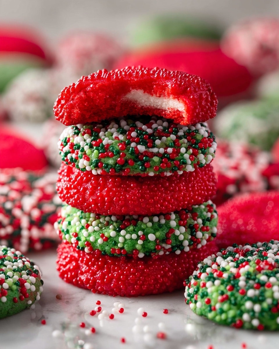 A tall stack of four cookies is shown, alternating layers of bright red cookies covered in tiny red sugar beads and green cookies covered in small round sprinkles in red, white, and green. The top red cookie has a bite taken out of it, revealing a soft, crumbly texture inside. Around the stack are more cookies, some red and some green with the same colorful sprinkles. All the cookies sit on a white marbled surface, and a blurry background of red sprinkles adds a festive feel. photo taken with an iphone --ar 4:5 --v 7