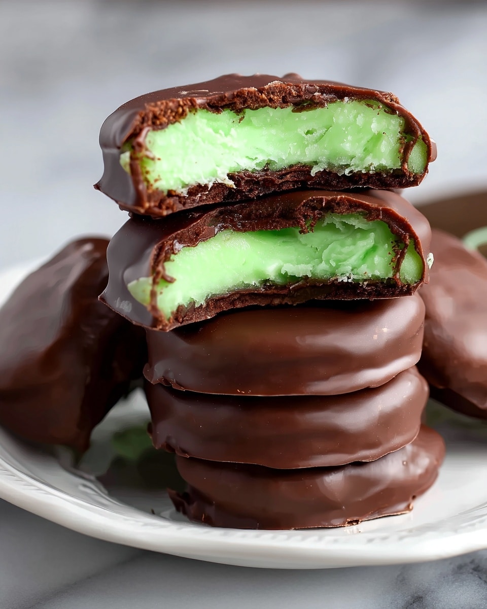 The image shows a close-up of a stack of two chocolate-covered mint patties on a white plate, placed on a white marbled surface. The top patty is cut in half and stacked on the bottom patty, revealing three layers: a dark brown chocolate outer coating, a thin white creamy layer just inside the chocolate, and a bright green mint filling layer in the center with a soft and crumbly texture. The chocolate coating is smooth and shiny with a slight reflection, and a fresh green mint sprig is placed next to the patties on the plate. Photo taken with an iphone --ar 4:5 --v 7