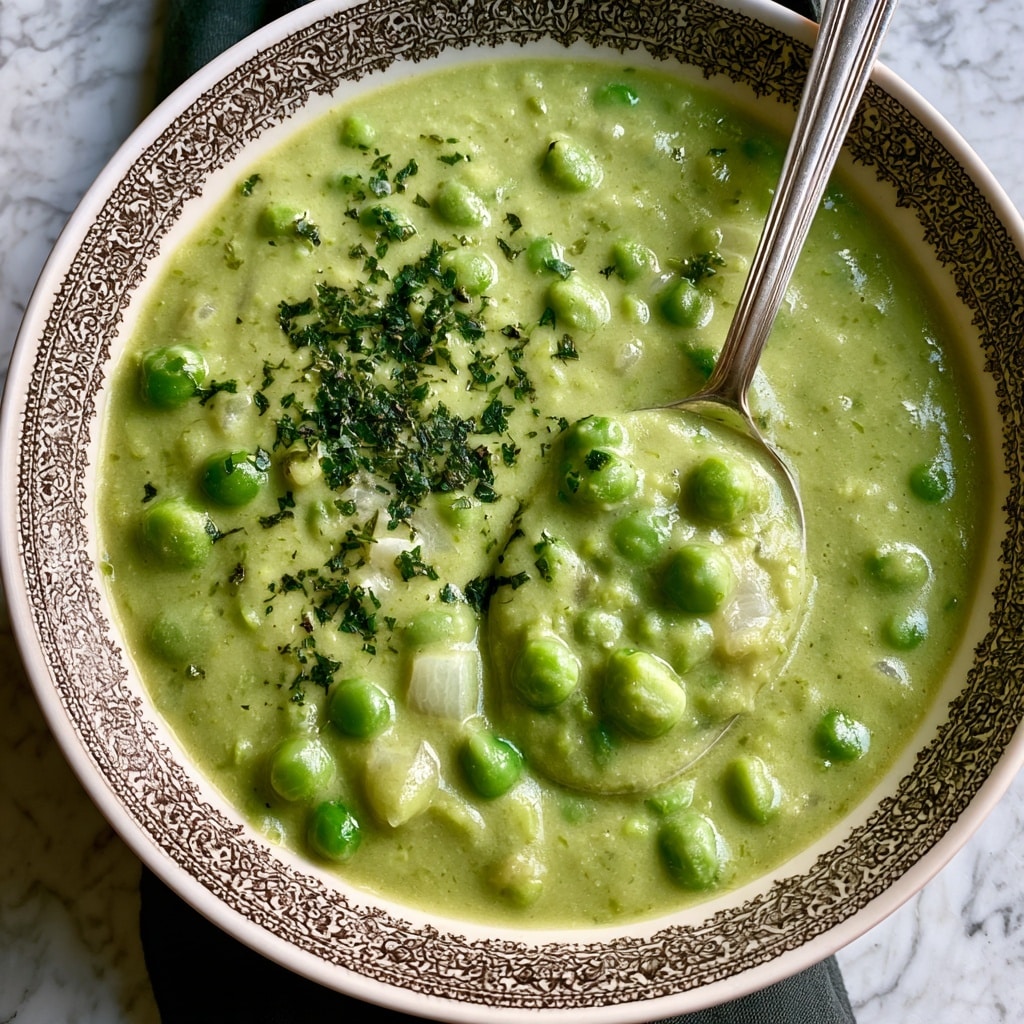 A bowl filled with creamy green pea soup, showing a thick white-green sauce mixed evenly with bright green peas. The soup is garnished with small pieces of fresh green herbs on top. A silver spoon is dipped into the soup on the right side of the bowl. The bowl is white with a dark decorative pattern along the edge, set on a white marbled surface with a gray cloth nearby. Photo taken with an iphone --ar 4:5 --v 7