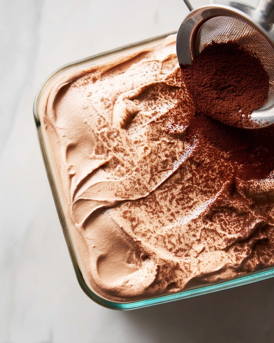 The image shows a close-up of a smooth, creamy chocolate mousse layer spread evenly in a clear dish with a white marbled surface underneath. The mousse is light brown with a soft, whipped texture featuring visible swirls and peaks. On top, fine dark brown cocoa powder is being sifted through a metal sieve, creating an even dusting that contrasts with the lighter mousse below. The sieve is positioned at the right upper corner, slightly tilted, with some powder still inside, ready to sprinkle more. photo taken with an iphone --ar 4:5 --v 7