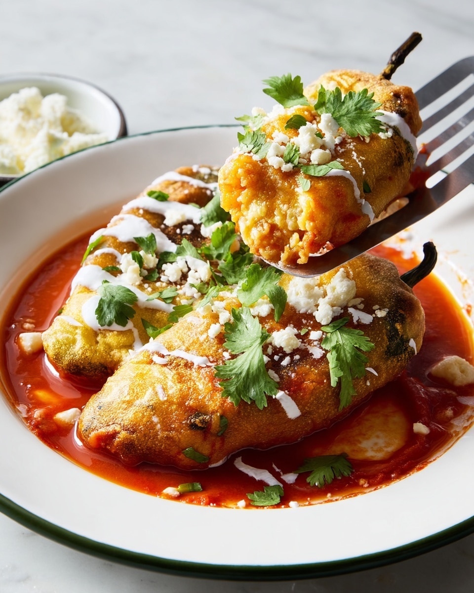 The image shows three golden-brown battered stuffed peppers lying on a white plate with a dark green rim, resting on a white marbled texture. The peppers have a textured, crispy outer layer. They are topped with white creamy drizzle and sprinkled with fresh green cilantro leaves and small pieces of white crumbly cheese. The plate has a pool of bright red sauce underneath the peppers, creating a contrast with the golden color. A metallic spatula is lifting one pepper, displaying its texture and toppings clearly. In the background, there is a small white bowl with more white cheese visible. Photo taken with an iphone --ar 4:5 --v 7