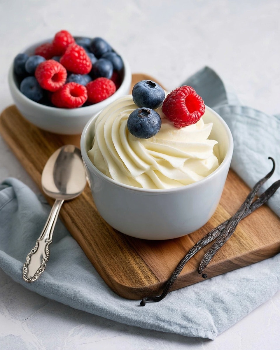A white bowl filled with smooth, creamy swirls of white whipped cream sits on a wooden board. On top of the whipped cream are three fresh berries: two red raspberries and two blue blueberries, arranged in the center. Next to it on the wooden board is a smaller white bowl filled with more fresh raspberries and blueberries, full and plump with vivid red and blue colors. A silver spoon lies above the whipped cream bowl on the board. The wooden board rests on a soft, light blue cloth, all set on a white marbled textured surface. A single dark vanilla bean pod lies on the board near the cloth. photo taken with an iphone --ar 4:5 --v 7