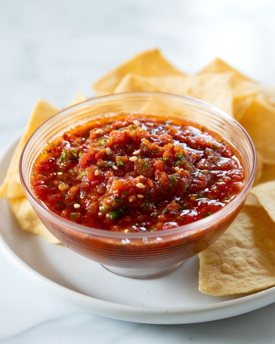 A close-up of a white bowl filled with chunky red salsa showing visible bits of tomato, onion, and green herbs, with a slightly shiny, moist texture. Above the bowl, there is a stack of light golden-yellow, crisp tortilla chips arranged neatly on a clear plate. The background is a smooth white marbled surface with a soft grey cloth glimpse in the top left corner. photo taken with an iphone --ar 4:5 --v 7