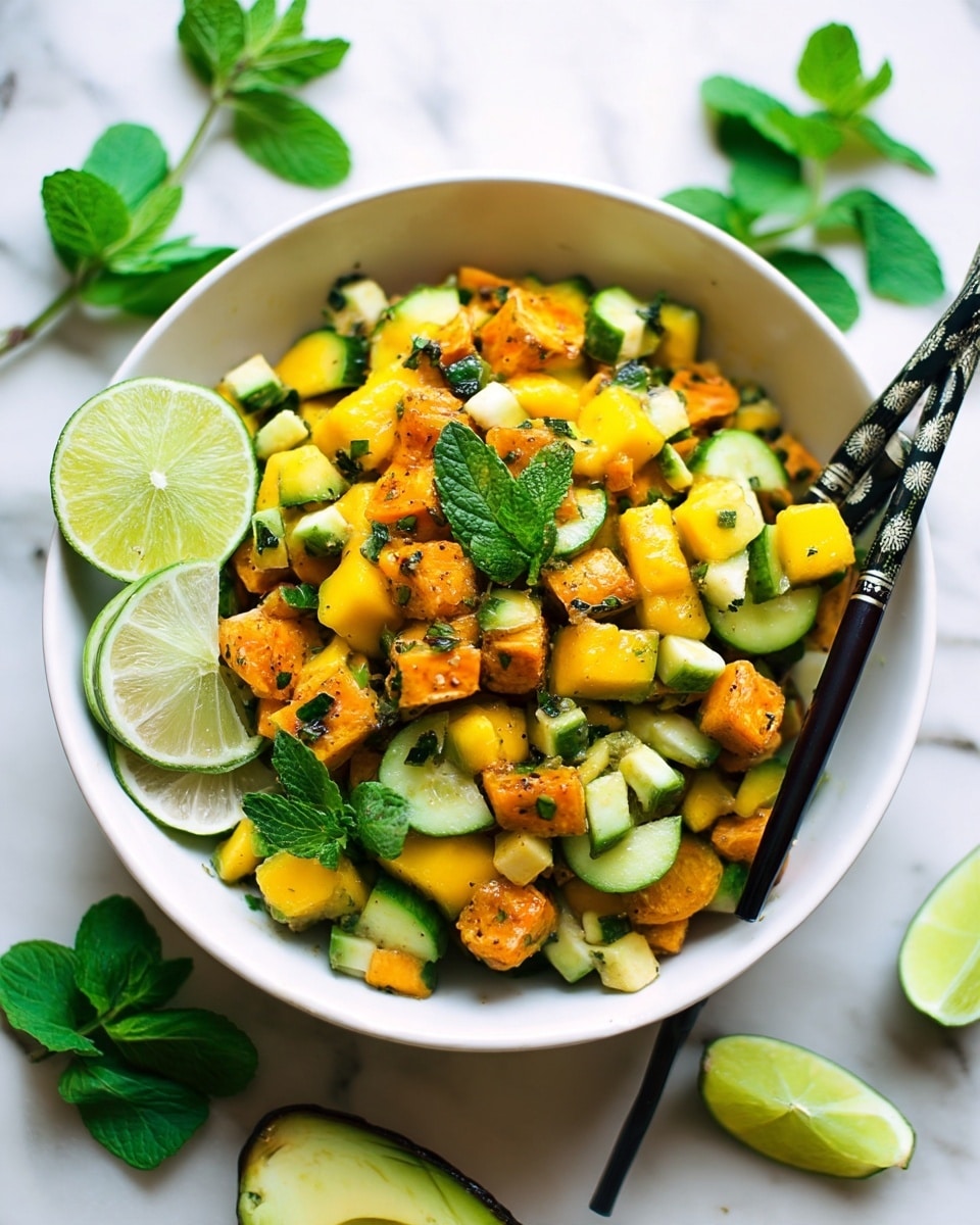 A white bowl filled with a colorful mixed salad showing three main layers: the bottom layer is chopped cucumber pieces with a light green and smooth texture; the middle layer consists of charred orange sweet potato cubes that have a rough, grilled look with some dark grill marks; and the top layer includes bright yellow mango chunks with a juicy and soft texture, all mixed with small green herb leaves. Two black chopsticks rest on the right side of the bowl, and a lime wedge is placed inside the bowl on the left side. The bowl sits on a white marbled surface with scattered lime wedges and fresh green herbs around it. photo taken with an iphone --ar 4:5 --v 7