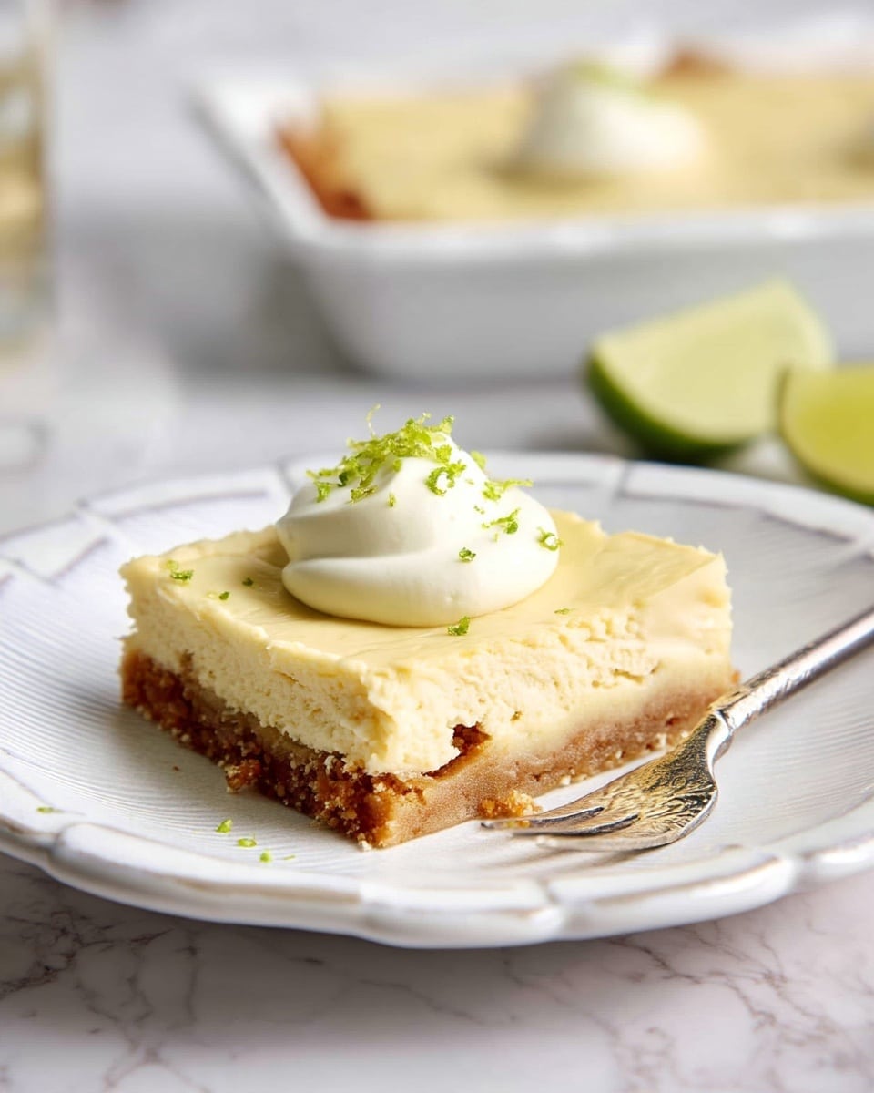 The image shows a square dessert cut into nine pieces, each piece having two layers: a light yellow creamy top layer with a smooth but slightly cracked texture, and a thinner, golden-brown crust layer underneath. Some squares are topped with small dollops of white whipped cream, and a few have a small lime wedge or lime zest scattered on top, adding a fresh green touch. The dessert is placed on white parchment paper atop a white marbled surface, and a metal spatula holds one piece slightly lifted from the rest. Photo taken with an iphone --ar 4:5 --v 7