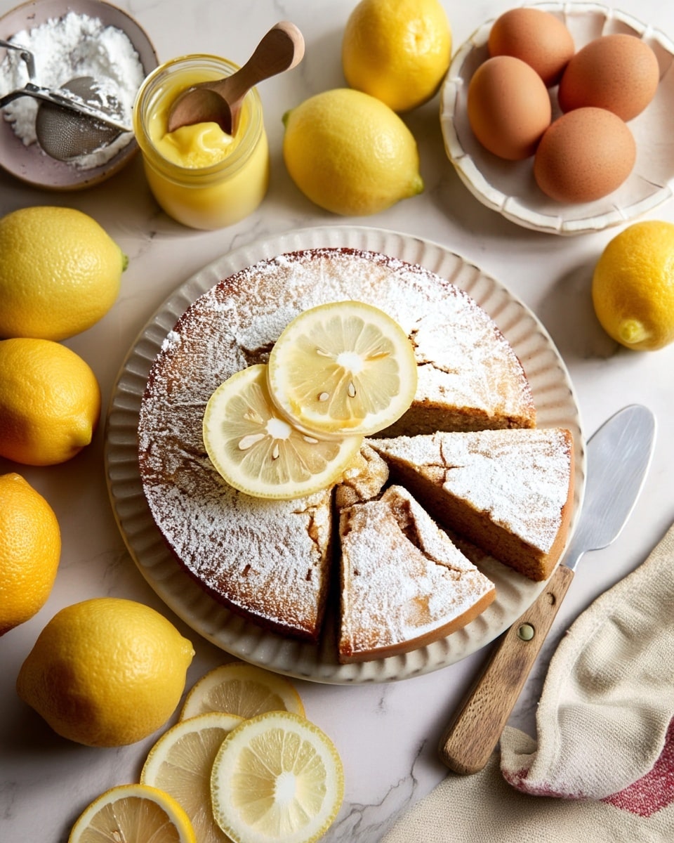A round cake with a light golden brown color is placed on a metal cooling rack, with a thick layer of white powdered sugar dusted on top, showing some cracks beneath the sugar. Below, slightly to the side, there is a small white bowl filled with powdered sugar and a metal sugar sifter resting on it. The setup is on a white marbled surface with scattered powdered sugar around. photo taken with an iphone --ar 4:5 --v 7