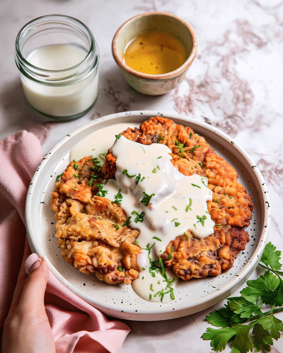 The dish features two large, golden-brown, crispy fried chicken patties placed side by side on a white speckled plate. A thick layer of creamy white gravy covers the center of the chicken, with small green herb pieces sprinkled on top and around the gravy, adding a fresh color contrast. Behind the plate, a glass jar with white liquid and a small beige bowl with golden sauce are visible on a white marbled surface. A soft pink cloth is gently draped near the plate, and green parsley leaves peek in from the bottom right corner. photo taken with an iphone --ar 4:5 --v 7