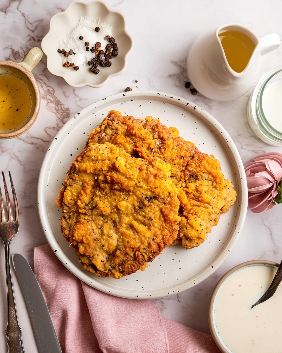 The image shows two pieces of golden brown fried chicken cutlets with a crispy, textured coating stacked slightly overlapping on a white speckled plate at the center. The plate is set on a white marbled surface. To the top left, there is a white flower-shaped dish with coarse salt and whole black peppercorns scattered nearby. A light pink cloth is placed below the plate, with a silver fork and knife resting on it to the left. On the top left corner, a small cup with a yellow liquid, likely oil or broth, is visible. At the bottom right, a small white bowl filled with a creamy white sauce and a dark spoon inside it completes the setup. Photo taken with an iphone --ar 4:5 --v 7