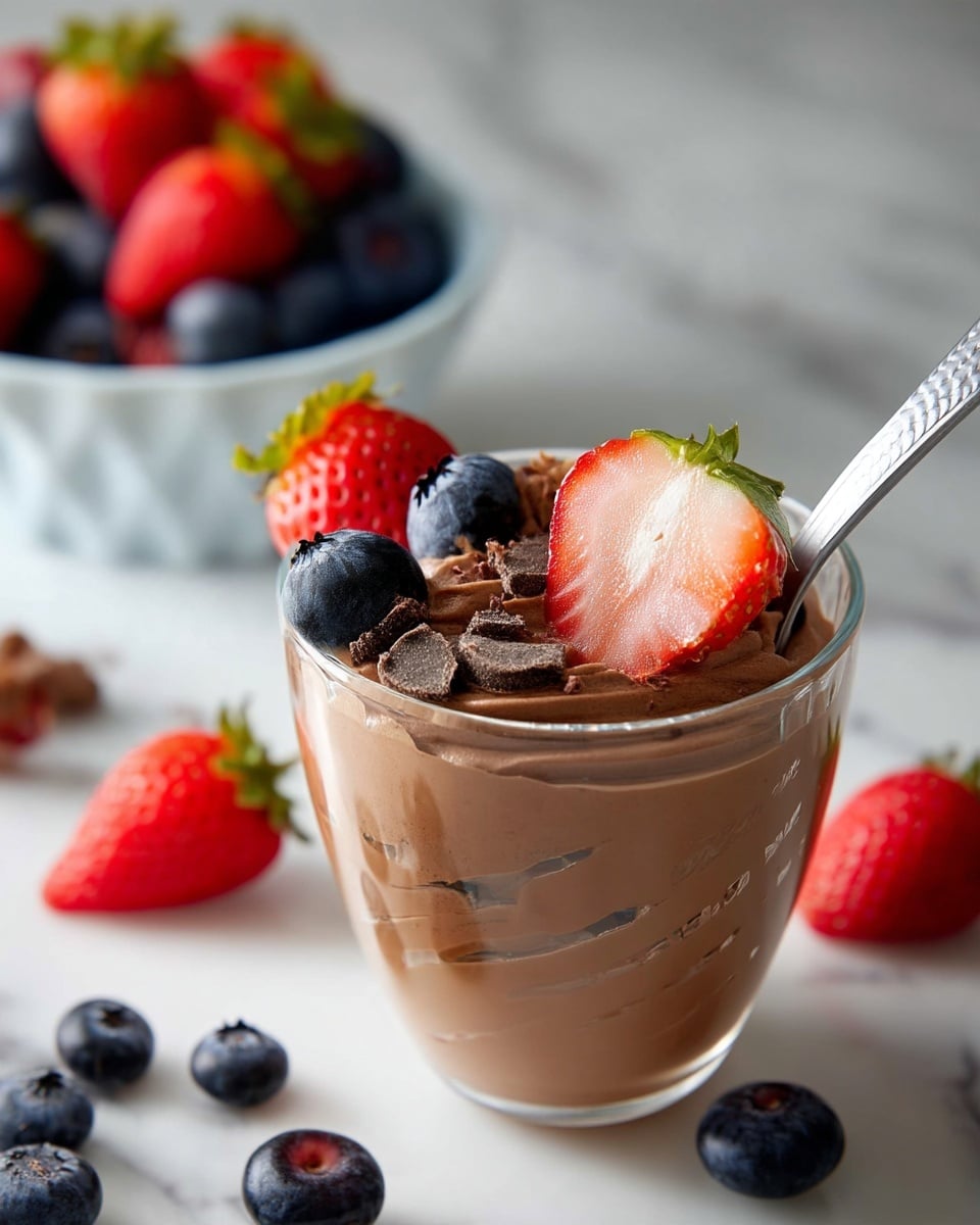 Two clear glass cups show a smooth chocolate mousse dessert in three layers: a creamy light brown base, a middle mixed mousse layer with bits, and a top piped chocolate mousse layer with swirls. The top is decorated with round dark blue blueberries, small dark chocolate chunks, and a red strawberry half with green leaves on top. A silver spoon is inside the front cup, slightly pressing the top mousse. The cups sit on a white marbled surface. A white bowl filled with more red strawberries and blueberries is blurred in the background. Photo taken with an iphone --ar 4:5 --v 7