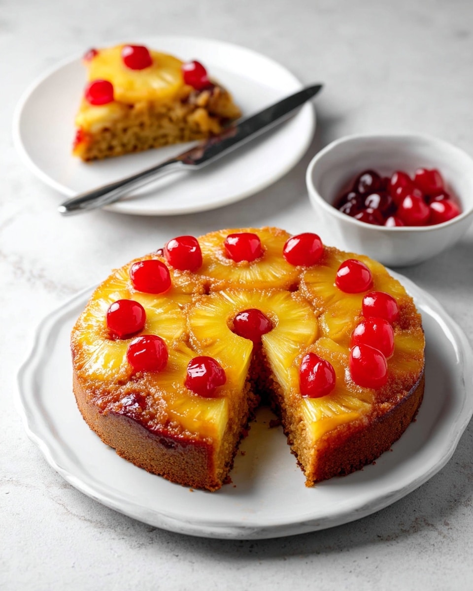 A round pineapple upside-down cake sits on a white plate with a single slice cut and placed to the side, showing the moist brown cake layer at the bottom and the glossy yellow pineapple rings topped with bright red maraschino cherries on the top layer, arranged in a neat overlapping pattern. The cake has a shiny, caramelized look with a slightly textured surface from the pineapple and sugar glaze. Nearby, a small white bowl filled with more red cherries and a silver knife rest on a white marbled textured surface. In the background, the removed slice is on a smaller white plate. Photo taken with an iphone --ar 4:5 --v 7