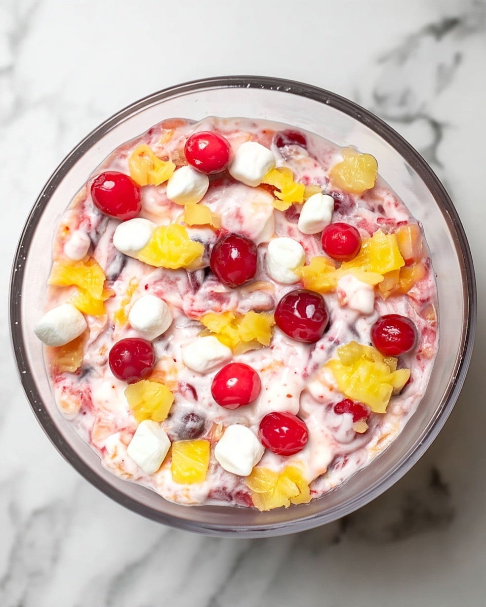 A clear glass bowl filled with a creamy, light pink mixture that has a soft, smooth texture with small chunks throughout. On top, there are bright red cherries, small white marshmallows, and yellow pineapple pieces scattered evenly, adding pops of color and texture against the creamy base. The bowl sits on a white marbled surface. photo taken with an iphone --ar 4:5 --v 7