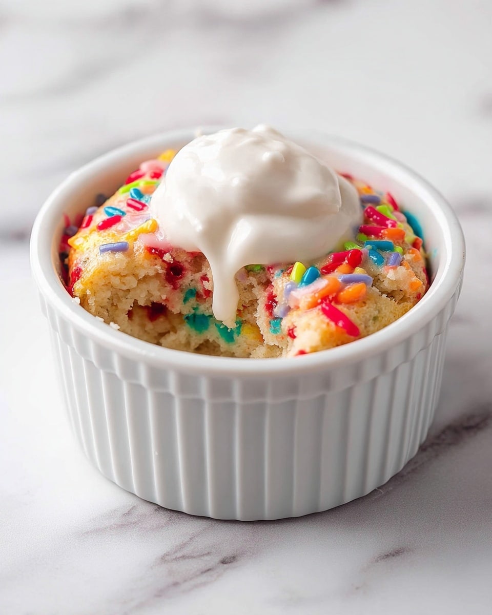 A single white ramekin filled with a soft, light beige cake mixed with colorful rainbow sprinkles throughout, visible in the cake layers and on top. The cake has a moist texture with a small bite taken out of one side, showing the fluffy inside. On top of the cake is a smooth dollop of white cream that drips slightly over the edge. The ramekin sits on a white marbled surface, creating a clean and bright background. photo taken with an iphone --ar 4:5 --v 7