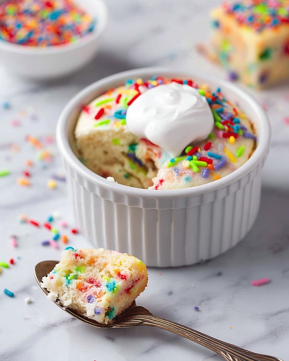 A white ceramic ramekin filled with a soft, pale-colored cake that has colorful rainbow sprinkles mixed throughout the cake and scattered on top, with a dollop of smooth white cream placed slightly off center. A piece of cake has been scooped out showing the light and fluffy texture inside. In the foreground, a spoon holds a bite-sized piece of the same sprinkles-filled cake. The whole setting is on a white marbled surface, and a small white bowl with more rainbow sprinkles is visible in the bottom left corner. photo taken with an iphone --ar 4:5 --v 7