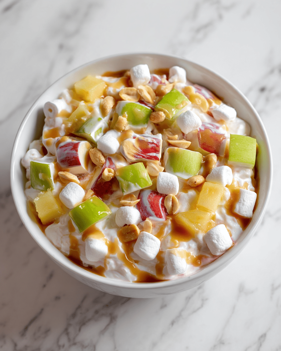 A white bowl filled with a creamy salad that has several layers mixed together, starting with a base of white creamy texture, topped with colorful chunks of green and red apple pieces, yellow pineapple pieces, small white marshmallows, and sprinkled light brown peanut halves, all drizzled with a light caramel sauce over the top. The bowl sits on a white marbled texture surface. photo taken with an iphone --ar 4:5 --v 7
