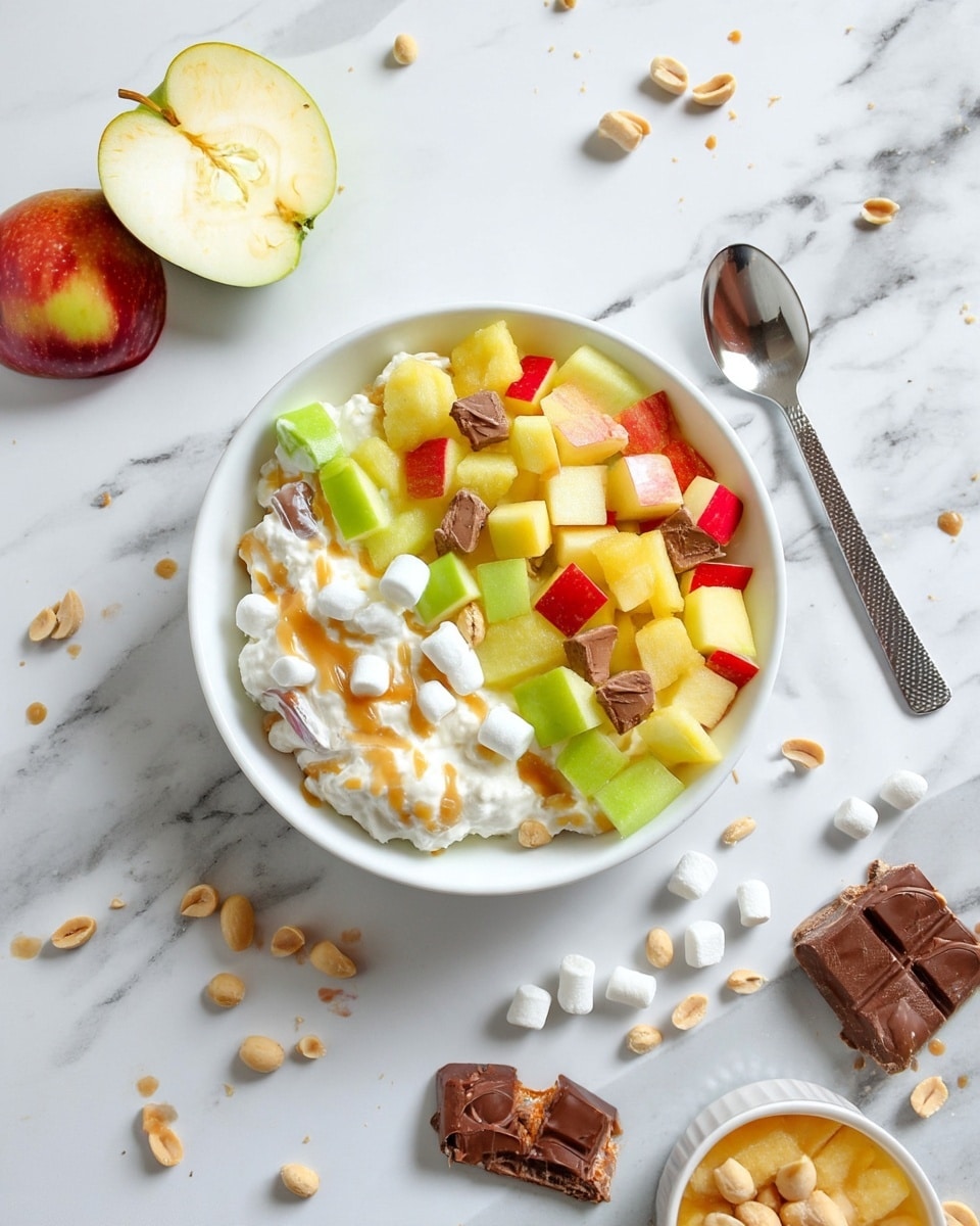 A white bowl filled with a mixed salad made of several layers: the base is creamy white cottage cheese mixed with small white mini marshmallows, topped with chopped cubed green and red apple pieces scattered evenly, light yellow pineapple chunks, bits of brown chocolate, small peanuts, and a drizzle of golden caramel sauce over all the ingredients. Surrounding the bowl are half an apple cut vertically showing its cream inside, a silver spoon with a textured handle on the right, scattered peanuts and mini marshmallows around the bowl, and a piece of broken caramel-filled milk chocolate bar at the bottom. The entire setup rests on a white marbled surface. photo taken with an iphone --ar 4:5 --v 7