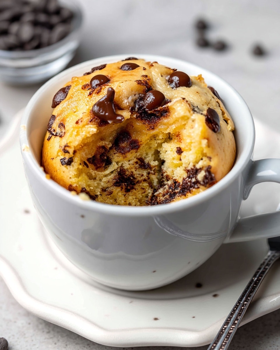 A close-up view of a soft, golden-brown chocolate chip muffin with a rough, crumbly texture, sitting inside a white cup. The muffin has dark melted chocolate chips scattered all over and some partially sunken into the top and side. The cup is placed on a white, ornate plate with a glossy finish. A small part of the muffin is broken off and resting to the left on the white marbled textured surface, next to a small bowl filled with dark chocolate chips in the lower right corner. The scene is bright with natural light, highlighting the moist inside of the muffin. photo taken with an iphone --ar 4:5 --v 7