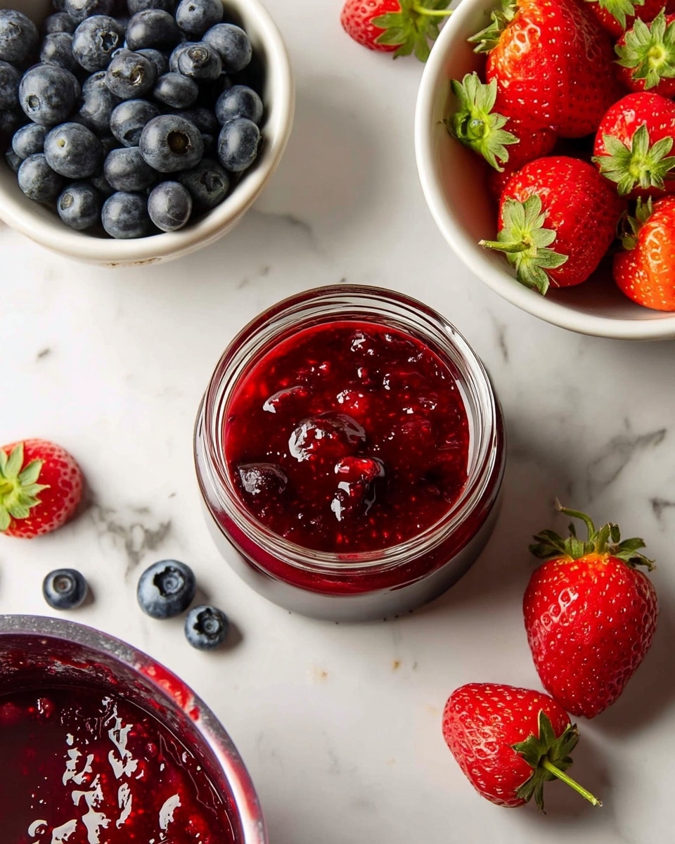 The image shows a glass jar filled with bright red mixed berry jam, which has a thick and slightly chunky texture with visible berry pieces inside. Around the jar, fresh strawberries and blueberries are scattered on a white marbled surface, adding bright red and deep blue colors. Two white bowls filled with a mix of strawberries and blueberries are visible in the top left and bottom right corners, with the fresh fruits looking ripe and juicy. The scene has a clean and fresh look with the white marbled background highlighting the vibrant colors of the berries and jam. Photo taken with an iphone --ar 4:5 --v 7