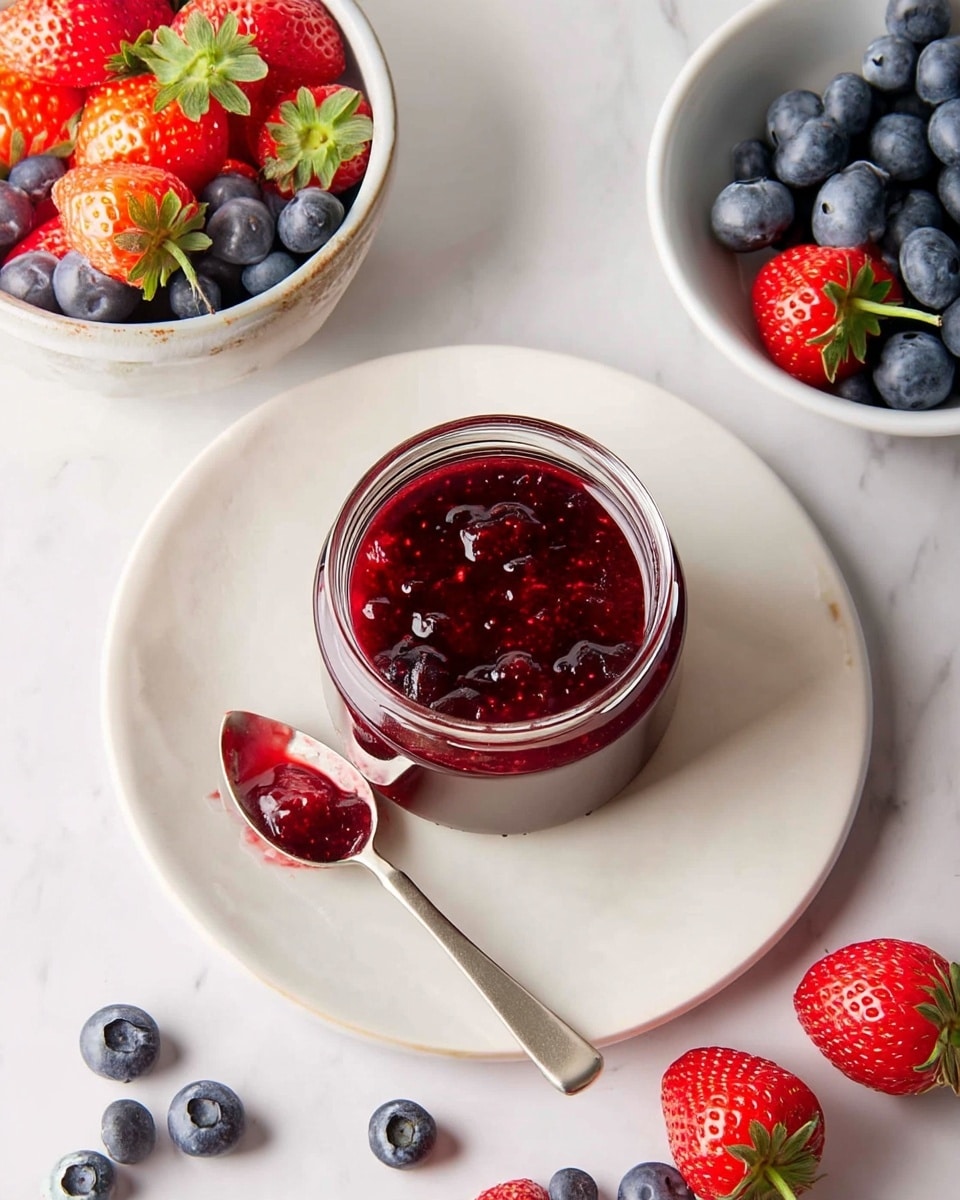 A clear glass jar filled with bright red, chunky strawberry jam with visible seeds sits centered on a round white plate. A small silver spoon holds some jam with a glossy texture and rests on the plate's left side. Around the plate, a few fresh strawberries and blueberries scatter on a white marbled surface. To the top left and bottom right, there are stone white bowls filled with fresh strawberries and blueberries, showing vibrant reds and deep blues. The overall scene is bright and fresh with a clean, simple look. photo taken with an iphone --ar 4:5 --v 7