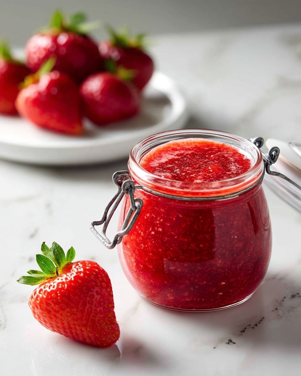 A clear glass jar with silver metal clasps is filled with bright red chunky strawberry jam, showing small bits of fruit and a slightly glossy texture on top. The jar sits open on a white marbled surface, with the lid resting upside down nearby. In the background on the left, there is a white small plate holding four whole fresh strawberries, bright red with green leaves, and one more strawberry is placed directly on the surface in the front bottom left corner. The scene looks clean and fresh, with soft natural light. photo taken with an iphone --ar 4:5 --v 7